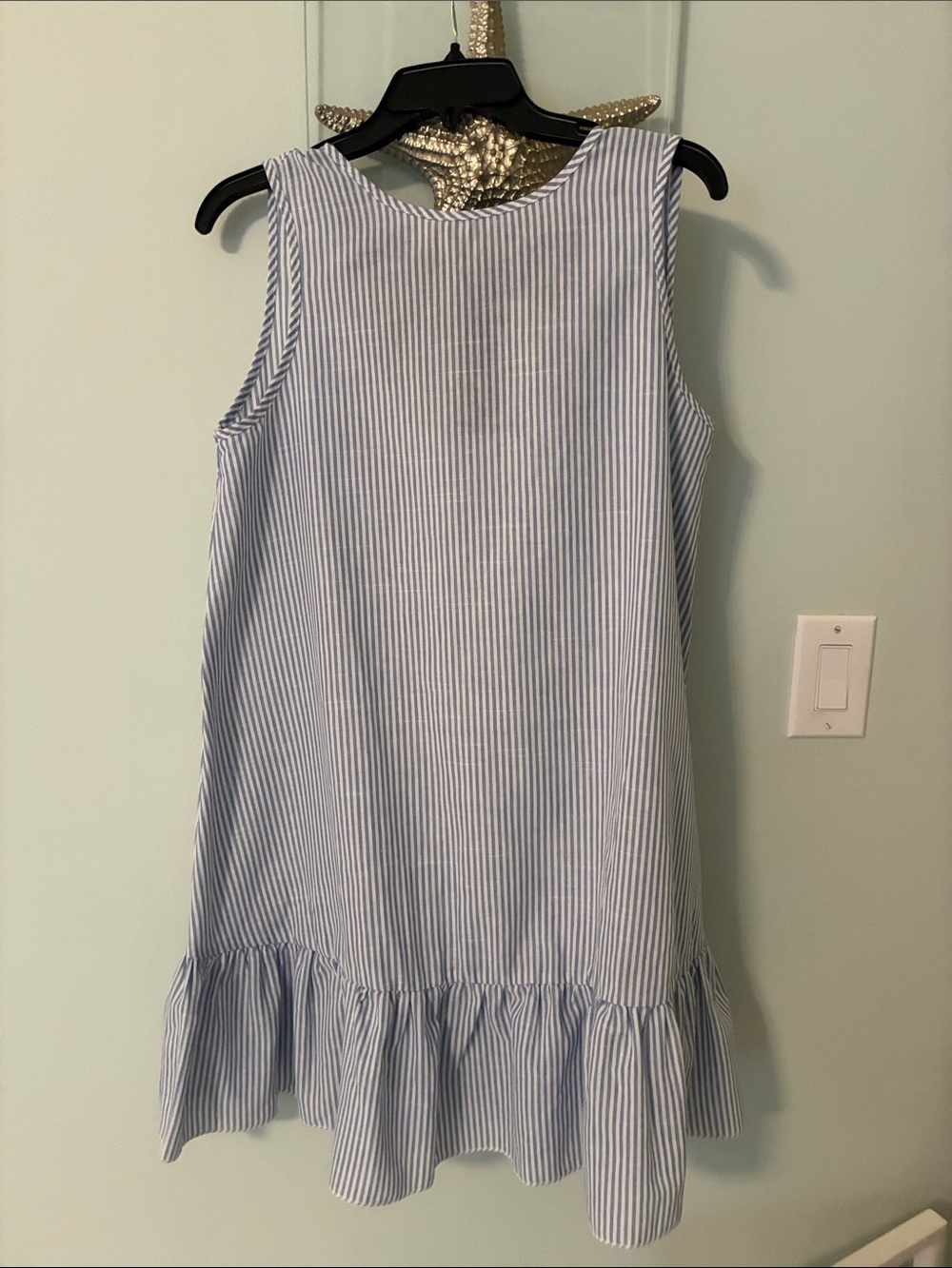 SHEIN Light Blue & White Striped Sleeveless Ruffle-Hem Dress. Size M.